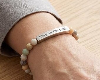 Personalized Natural Stone Bracelet | Engraved Stretch Beaded Bracelet for Men & Women