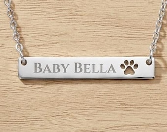 Personalized Paw Print Bar Necklace | Custom Pet Name Jewelry, Stainless Steel