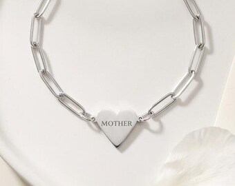 Personalized Heart Charm Paperclip Bracelet | Custom Engraved Name Stainless Steel Gift