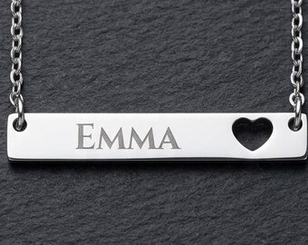 Personalized Heart Bar Necklace | Custom Engraved Name Pendant | Stainless Steel Gift