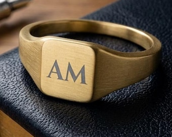 Personalized Square Signet Ring | Engraved Monogram, Initials, Date | 18K Gold Stainless Steel