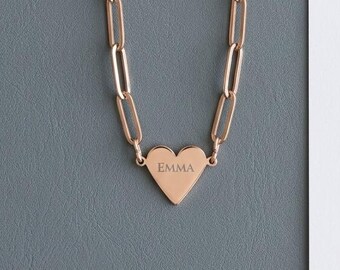 Personalized Heart Pendant Necklace | Engraved Name Paperclip Chain, Stainless Steel