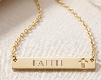 Personalized Bar Necklace | Engraved Cross Pendant | Stainless Steel Faith Jewelry