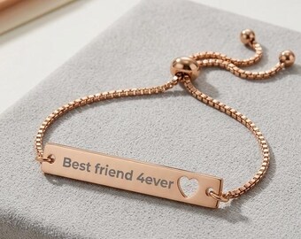Personalized Heart Bar Bracelet | Custom Engraved Name Bangle, Stainless Steel Gift