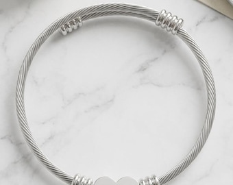 Personalized Heart Cuff Bracelet | Engraved Stainless Steel Bangle (Gold/Silver)