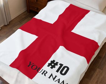 Personalized England Soccer Blanket, Custom Name & Number, English Flag Football Fan Gift, Plush Velveteen Throw for Him Her Kids
