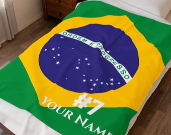 Personalized Brazil Soccer Blanket, Custom Name & Number, Brazilian Flag Football Fan Gift, Plush Velveteen Throw for Him Her Kids