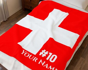 Personalized Switzerland Soccer Blanket, Custom Name & Number, Swiss Flag Football Fan Gift, Plush Velveteen Throw for Him Her Kids