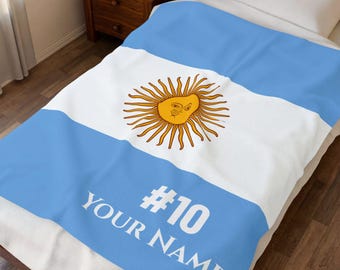 Personalized Argentina Soccer Blanket, Custom Name & Number, Argentine Flag Football Fan Gift, Plush Velveteen Throw for Him Her Kids