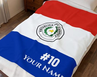 Personalized Paraguay Soccer Blanket, Custom Name & Number, Paraguayan Flag Football Fan Gift, Plush Velveteen Throw for Him Her Kids