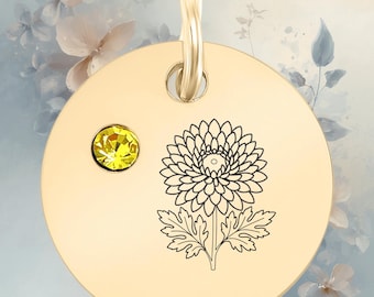 November Chrysanthemum Charm | Topaz Cubic Zirconia Pendant | 18K Gold PVD Stainless Steel