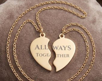 Split Heart Necklace Set: Custom Engraved 'Always Together' Pendants