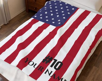 Personalized USA Soccer Blanket, Custom Name & Number, American Flag Football Fan Gift, Plush Velveteen Throw for Him Her Kids