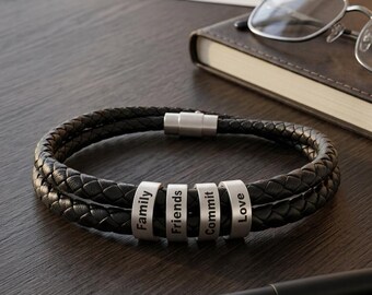 Personalized Leather Bracelet | Engraved Stainless Steel Beads for Men
