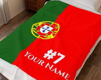 Personalized Portugal Soccer Blanket, Custom Name & Number, Portuguese Flag Football Fan Gift, Plush Velveteen Throw for Him Her Kids