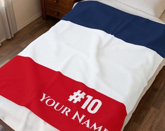 Personalized France Soccer Blanket, Custom Name & Number, French Flag Football Fan Gift, Plush Velveteen Throw for Him Her Kids