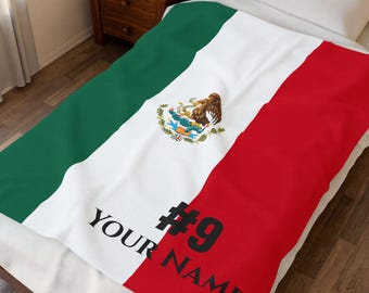 Personalized Mexico Soccer Blanket, Custom Name & Number, Mexican Flag Football Fan Gift, Plush Velveteen Throw for Him Her Kids