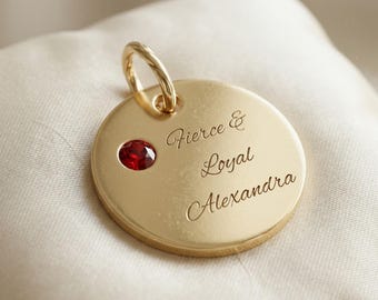 Custom Engraved Gold Medallion Charm with Birthstone, Personalized Pendant Jewelry
