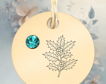 December Birth Flower Holly Charm | Blue Zircon Cubic Zirconia Medallion (18K Gold PVD)
