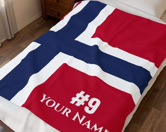 Personalized Norway Soccer Blanket, Custom Name & Number, Norwegian Flag Football Fan Gift, Plush Velveteen Throw for Him Her Kids