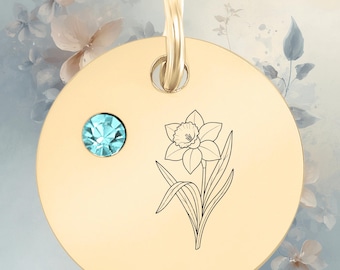 March Daffodil Birth Flower Charm | Aquamarine Cubic Zirconia Pendant | 18K Gold PVD