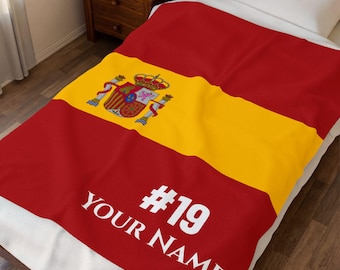 Personalized Spain Soccer Blanket, Custom Name & Number, Spanish Flag Football Fan Gift, Plush Velveteen Throw for Him Her Kids
