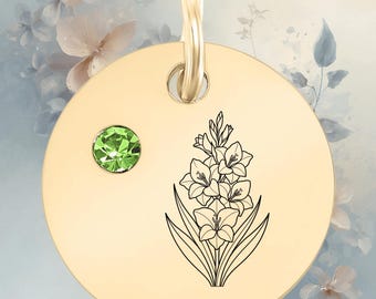 August Birth Flower Charm | Gladiolus Medallion with Peridot CZ | 18K Gold PVD Pendant