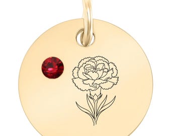 January Carnation Birth Flower Charm | Garnet Cubic Zirconia Medallion (18K Gold PVD)