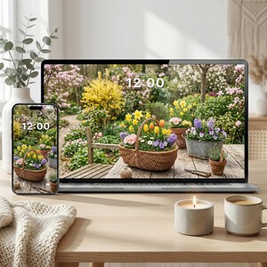Spring Garden Wallpaper Bundle – Minimal Aesthetic Floral Basket Backgrounds | iPhone, Android, Desktop, Tablet & TV | 4K All Devices Pack