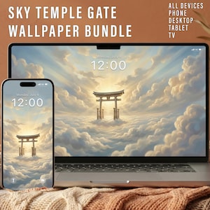 Può includere: Un telefono e un laptop mostrano uno sfondo digitale con un cancello torii giapponese in un cielo nuvoloso. Il testo "SKY TEMPLE GATE WALLPAPER BUNDLE" è in alto. Gli schermi mostrano la data e l'ora.