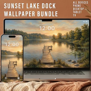 Sunset Lake Dock Wallpaper, Golden Hour Nature Landscape, Aesthetic Lake Pier Background for iPhone Android Desktop Tablet 4K Download