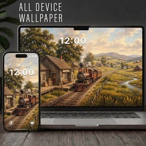 Op de afbeelding: Een digitale wallpaper met een vintage treinscène weergegeven op een laptop en smartphone. Het kunstwerk toont een stoomtrein op een station, met de tekst "ALL DEVICE WALLPAPER" bovenaan. De datum en tijd, "Monday, July 4, 12:00" worden weergegeven.