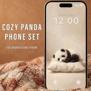May include: A smartphone displays a panda bear wallpaper, with the time 12:00 and the date Monday, July 4. The text "COZY PANDA PHONE SET" and "FOR ANDROID AND IPHONE" are also visible. The phone rests on a textured surface.