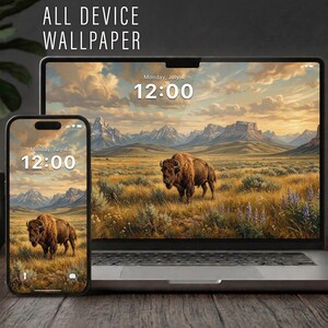 May include: A digital wallpaper displayed on a laptop and smartphone, featuring a landscape with a bison in a field. The background shows mountains and a cloudy sky. The text "ALL DEVICE WALLPAPER" is at the top.