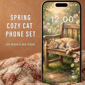 Papier peint vintage printanier avec chat, fond de chat endormi, papier peint floral esthétique pour téléphone pour iPhone iOS Android, téléchargement