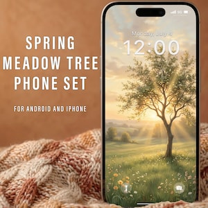 May include: A smartphone displays a spring meadow tree wallpaper with a vibrant landscape of a tree, meadow, and sunlight. The phone is next to text that reads "SPRING MEADOW TREE PHONE SET FOR ANDROID AND IPHONE."