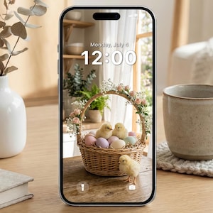 Puede incluir: Un smartphone muestra una imagen primaveral. Una cesta de mimbre contiene huevos de colores pastel y pollitos amarillos esponjosos, adornados con flores. La pantalla muestra "Monday, July 4" y la hora "12:00".