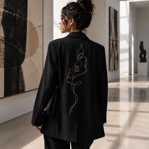 Hand Painted Women's Blazer, Handmade Black Jacket, Line Art Design, Statement Wear