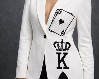 Custom Queen of Hearts Blazer, Hand Painted White Jacket, Playing Card Statement Blazer