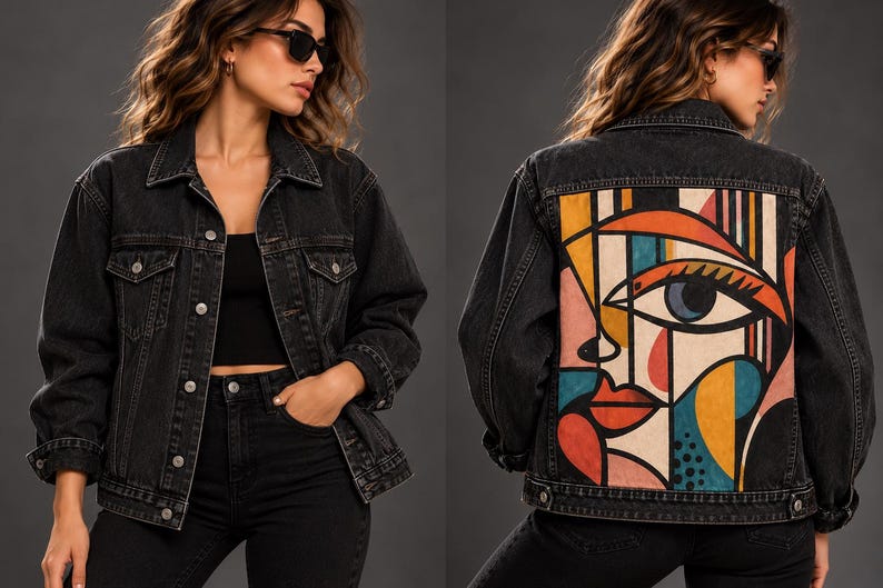 Hand Painted Denim Jacket, Custom Portrait Art, Personalized Black Jean ...