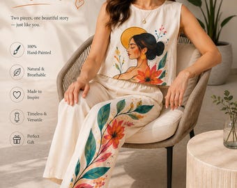 手描きの花柄スーツセット、女性用ウェアラブルアート衣装、カスタムボヘミアン服