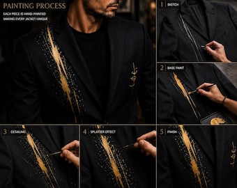 Hand Painted Blazer, Handmade Black Gold Jacket, Wearable Art, Luxury Mens Gift