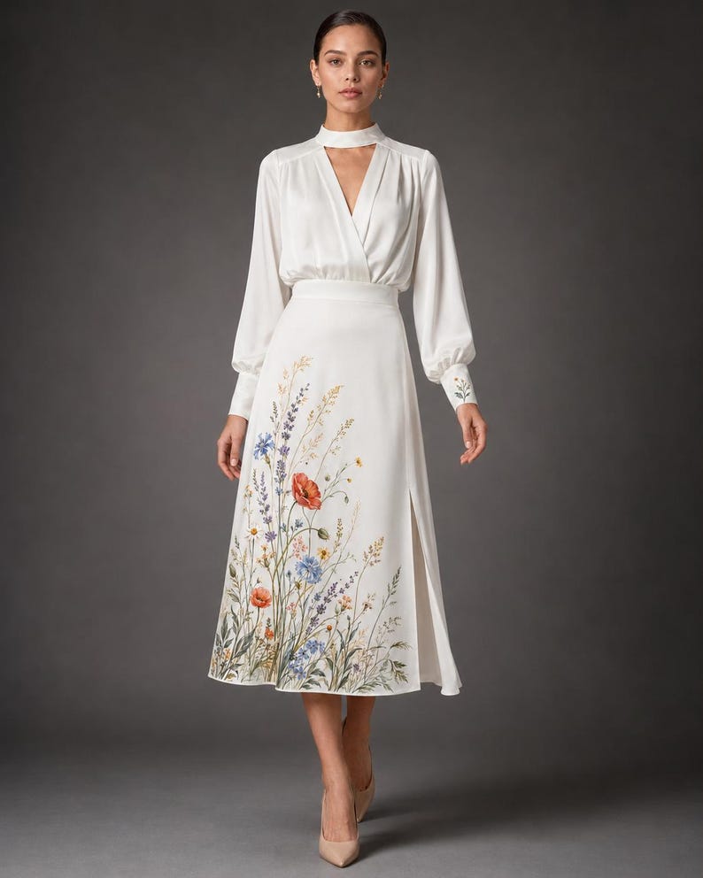 May include: A white midi dress featuring a mock neck with a cutout, long sleeves with buttoned cuffs, and a wrap-style bodice. The skirt displays a colorful botanical print of wildflowers, including red poppies and blue cornflowers, with a side slit.