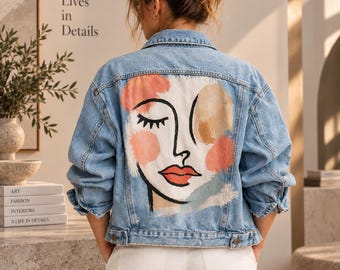 Hand Painted Abstract Face Denim Jacket, Oversized Wearable Art Statement Fashion