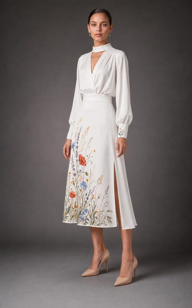May include: A white midi dress featuring a mock neck, long sleeves with buttoned cuffs, and a wrap-style bodice. The skirt includes a side slit and a colorful botanical print of wildflowers, including red poppies and blue cornflowers, along the hem.