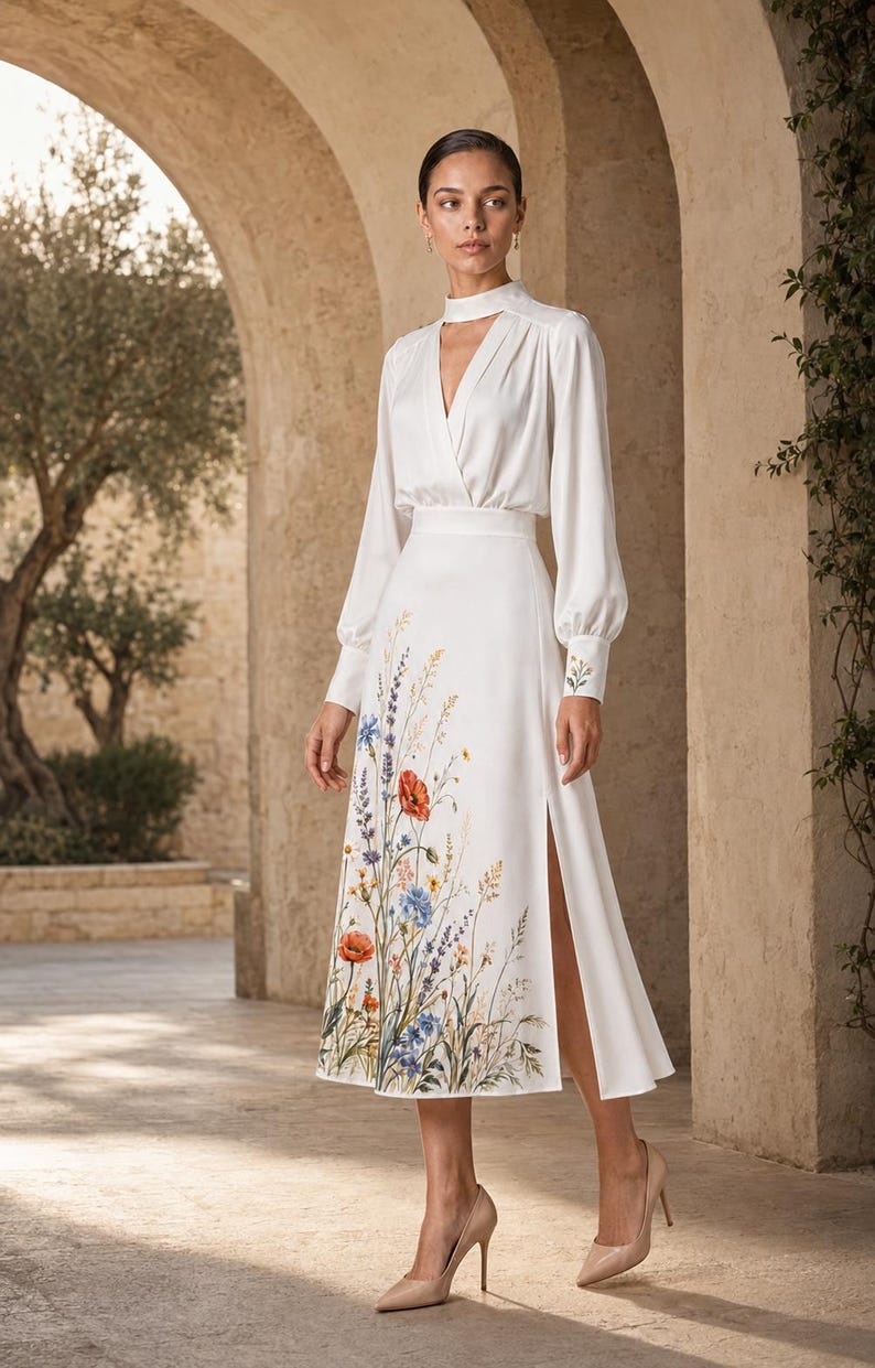 May include: A white midi dress with long sleeves, a high neck with a cutout, and a side slit. The skirt features a colorful floral print of wildflowers including red poppies and blue cornflowers. The cuffs also display small floral embroidery.