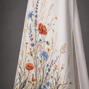 May include: A white floor-length skirt featuring a detailed botanical print of wildflowers including red poppies, blue cornflowers, lavender sprigs, and yellow daisies. The skirt has a straight silhouette and a vertical side slit along the right edge.