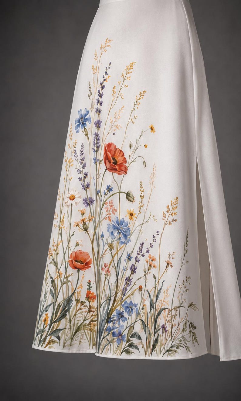 May include: A white floor-length skirt featuring a detailed botanical print of wildflowers including red poppies, blue cornflowers, lavender sprigs, and yellow daisies. The skirt has a straight silhouette and a vertical side slit along the right edge.
