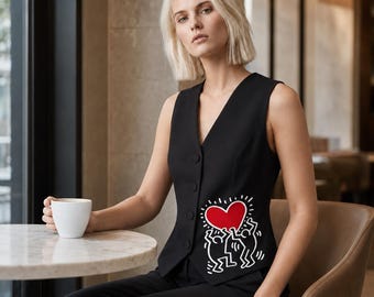 Hand Painted Heart Vest, Black Tailored Waistcoat, Custom Wearable Art for Women