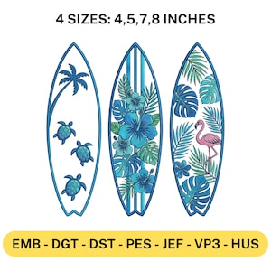 Puede incluir: Tres diseños de tablas de surf con temas tropicales. Uno presenta tortugas y una palmera, otro flores azules y el tercero un flamenco. El texto dice "4 TAMAÑOS: 10, 12, 18, 20 CM".
